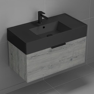 Bathroom Vanity Grey Oak Bathroom Vanity With Black Sink, Modern, 32